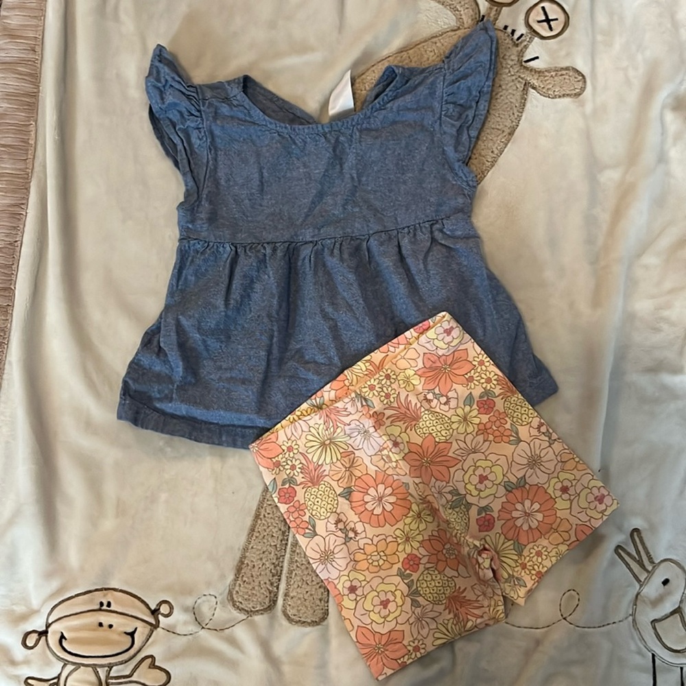 Jean short sleeve top and peach stretchy shorts. 18 months. Good condition